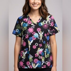 Disney Women’s Black Floral Tinker Bell Scrub Top  | Size XS